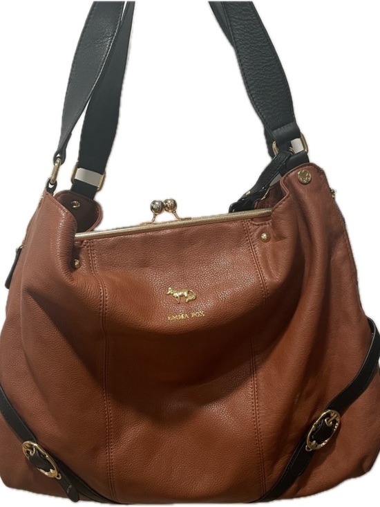 Emma Fox Handbags - Emma Fox Large Cognac Pebbled Leather Hobo Shoulder Bag Black Trim Gold Hardware